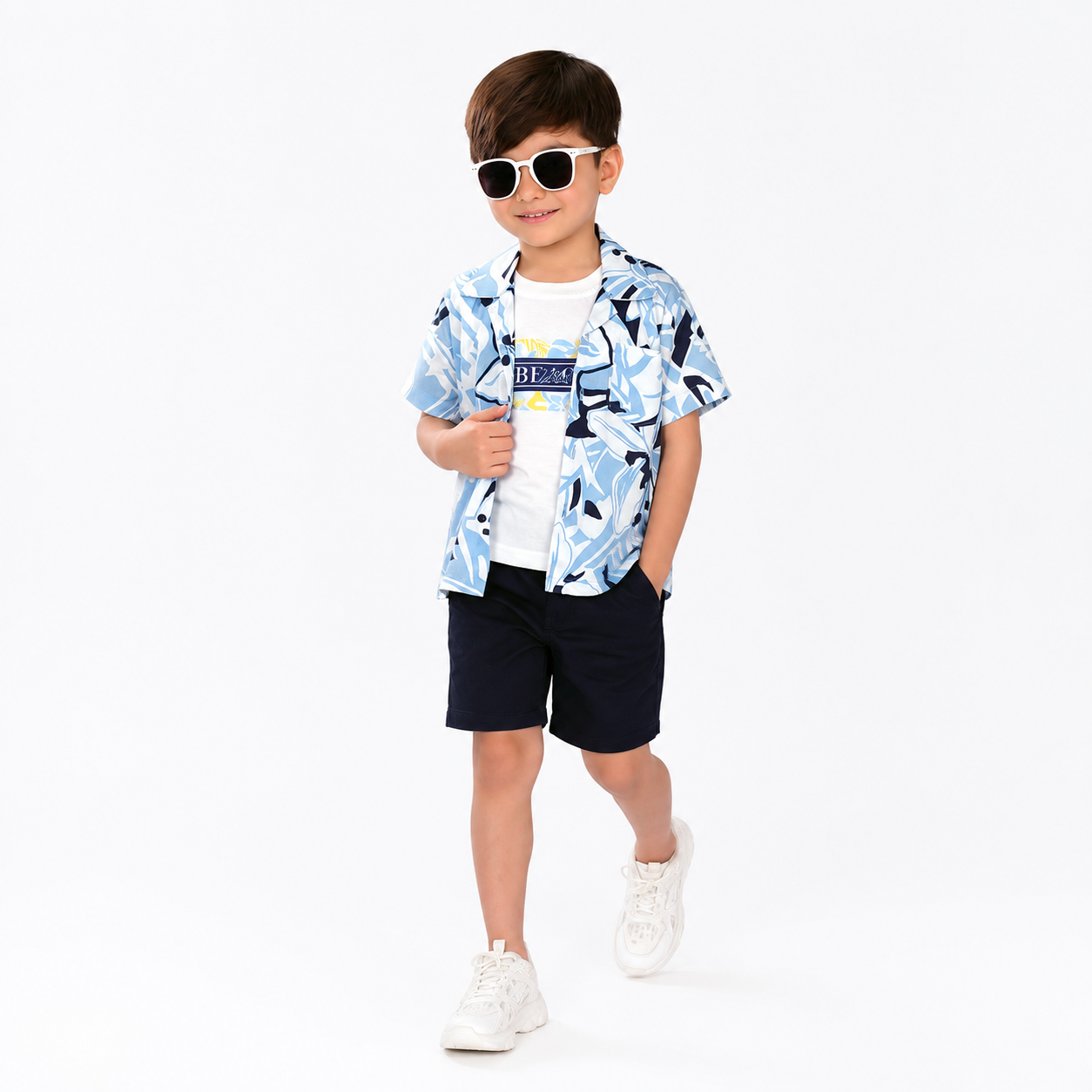 Three-Piece Fun: Printed Tee, Shirt, and Shorts Set!
