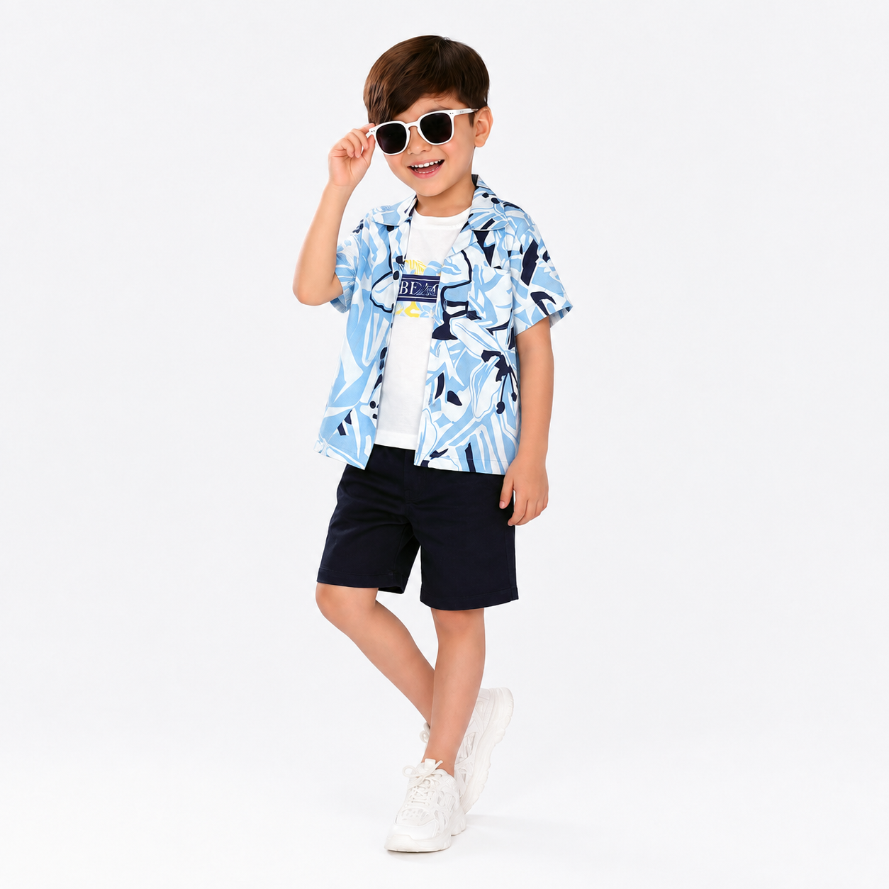 Three-Piece Fun: Printed Tee, Shirt, and Shorts Set!