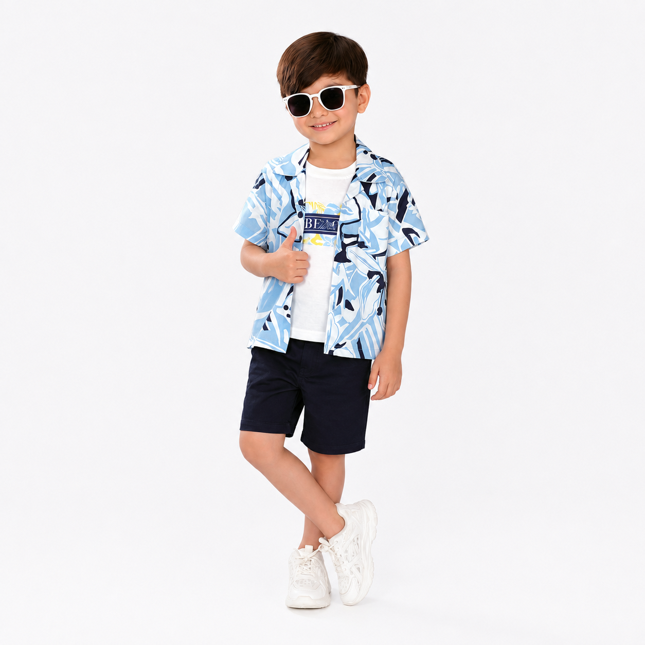Three-Piece Fun: Printed Tee, Shirt, and Shorts Set!