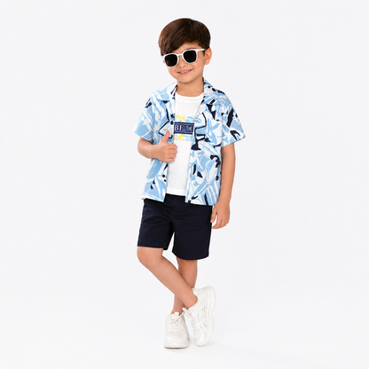 Three-Piece Fun: Printed Tee, Shirt, and Shorts Set!