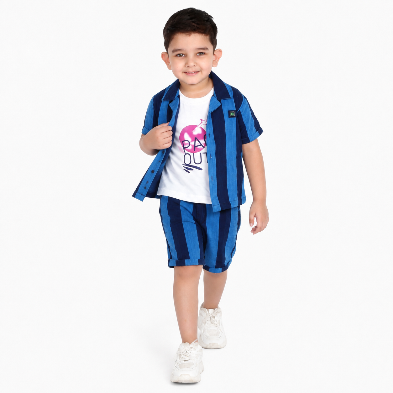 Playful Layers: Shirt, Printed T-Shirt, and Shorts Set!