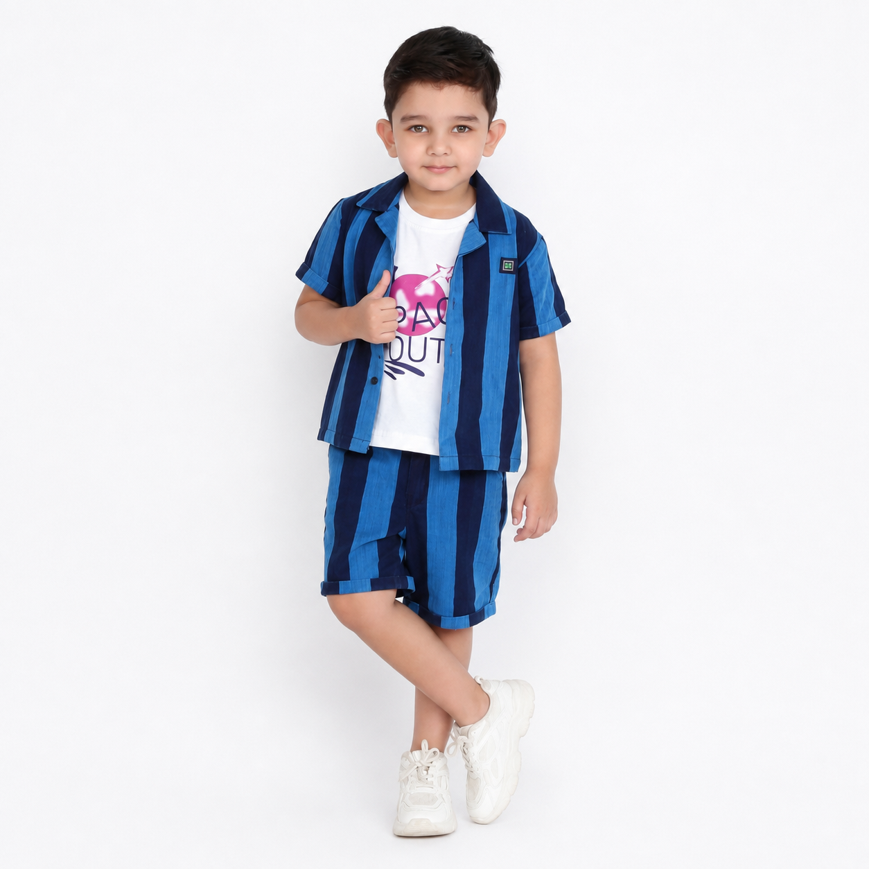 Playful Layers: Shirt, Printed T-Shirt, and Shorts Set!