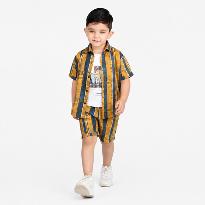 Double the Fun: Printed Shirt, T-Shirt, and Shorts Set!