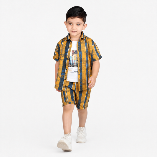 Double the Fun: Printed Shirt, T-Shirt, and Shorts Set!