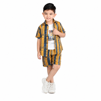 Double the Fun: Printed Shirt, T-Shirt, and Shorts Set!