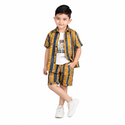 Double the Fun: Printed Shirt, T-Shirt, and Shorts Set!