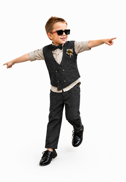 Tiny Dapper Dude! Printed Shirt, Waistcoat, Pant, Bow, Brooch Marvel.