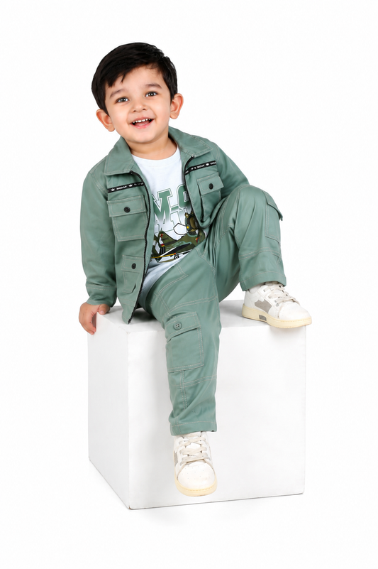 Stylish Adventures Await: Printed Tee, Jacket, and Pant Set for Boys!