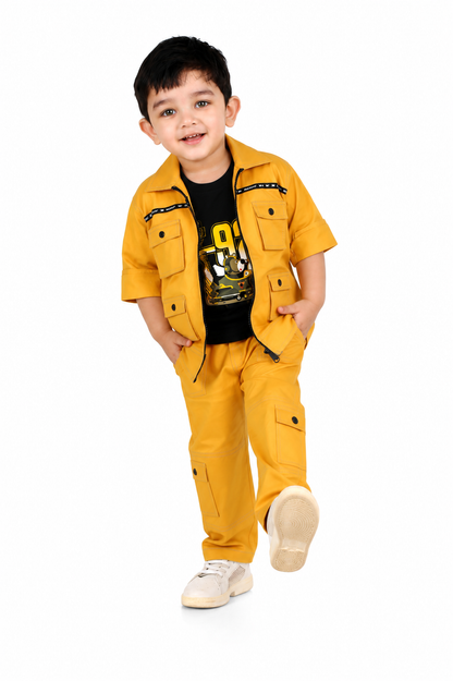 Stylish Adventures Await: Printed Tee, Jacket, and Pant Set for Boys!