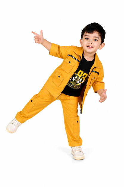 Stylish Adventures Await: Printed Tee, Jacket, and Pant Set for Boys!