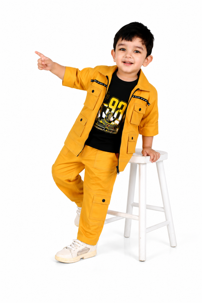 Stylish Adventures Await: Printed Tee, Jacket, and Pant Set for Boys!