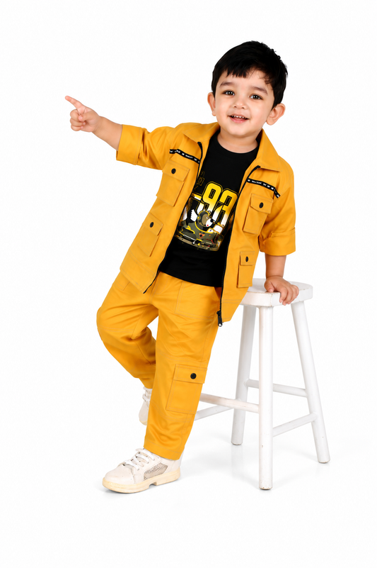Stylish Adventures Await: Printed Tee, Jacket, and Pant Set for Boys!