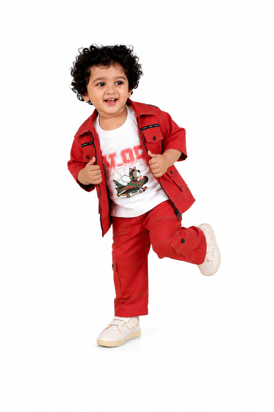 Stylish Adventures Await: Printed Tee, Jacket, and Pant Set for Boys!
