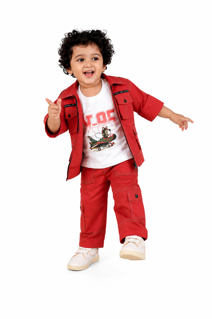 Stylish Adventures Await: Printed Tee, Jacket, and Pant Set for Boys!