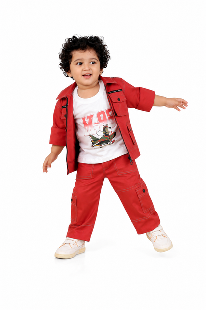 Stylish Adventures Await: Printed Tee, Jacket, and Pant Set for Boys!