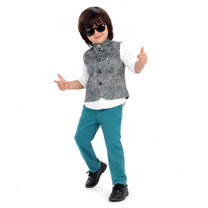Chic Prints: Textured Waistcoat Shirt Pant Set for Little Trendsetters