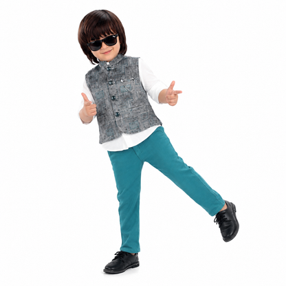 Chic Prints: Textured Waistcoat Shirt Pant Set for Little Trendsetters