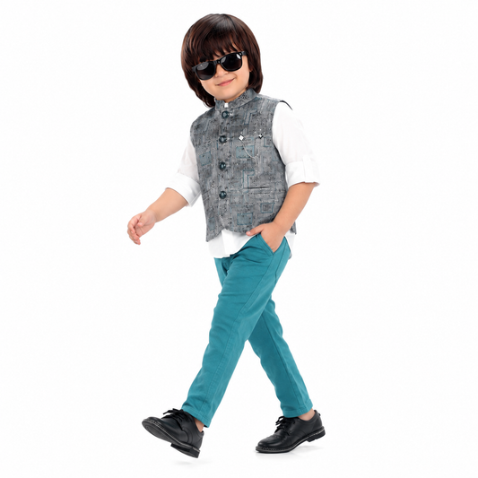 Chic Prints: Textured Waistcoat Shirt Pant Set for Little Trendsetters