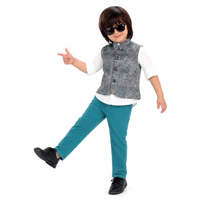 Chic Prints: Textured Waistcoat Shirt Pant Set for Little Trendsetters