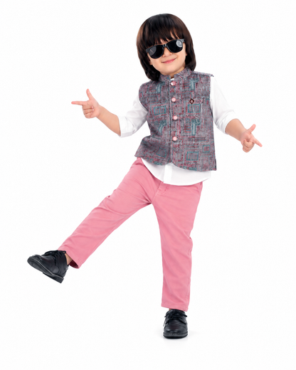 Chic Prints: Textured Waistcoat Shirt Pant Set for Little Trendsetters