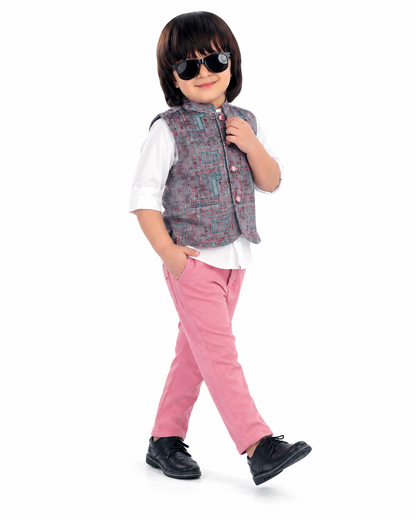 Chic Prints: Textured Waistcoat Shirt Pant Set for Little Trendsetters