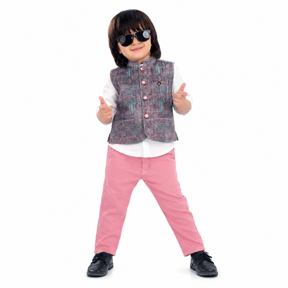 Chic Prints: Textured Waistcoat Shirt Pant Set for Little Trendsetters