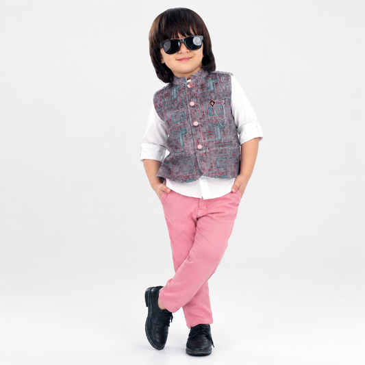 Chic Prints: Textured Waistcoat Shirt Pant Set for Little Trendsetters