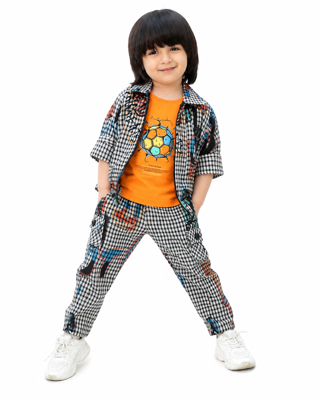 "Printed Jacket, Playful Tee & Joggers: Boys’ Casual Style Upgrade"