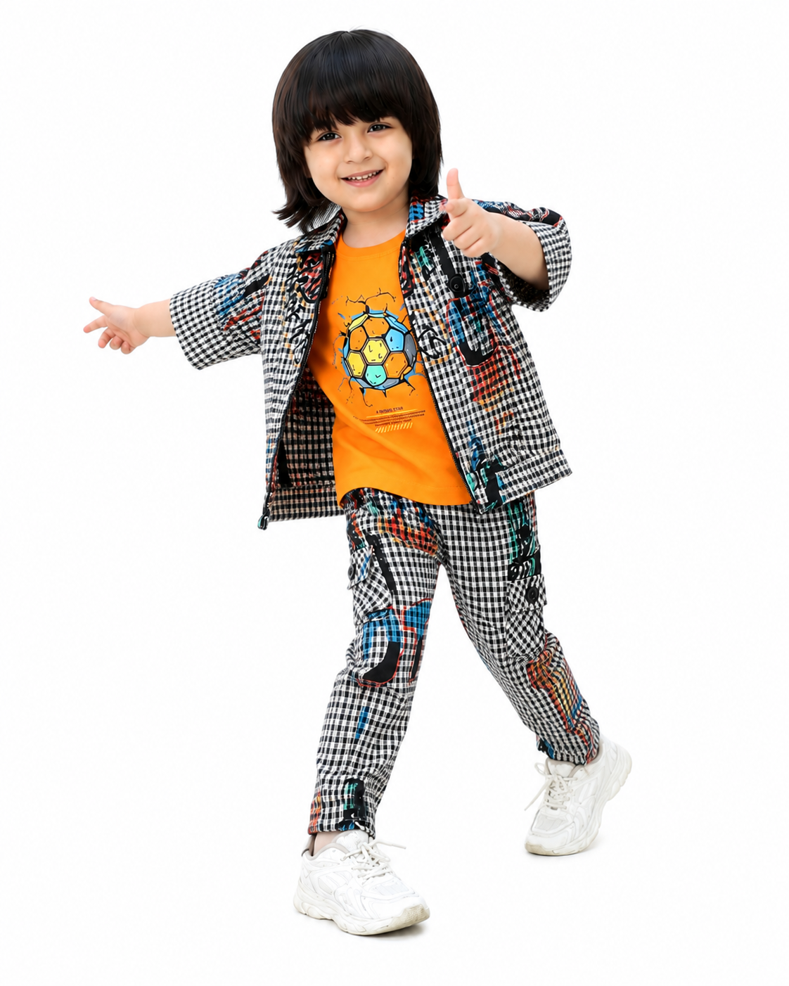 "Printed Jacket, Playful Tee & Joggers: Boys’ Casual Style Upgrade"