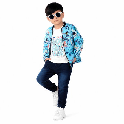 Trendy Printed Jacket, Fun Tee & Joggers: Boys’ Casual Essential