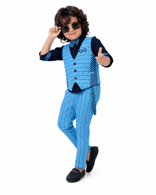 Striped Spectacle: Shirt, Striped Waistcoat, Pant, Suspender, Bow - Party Magic!