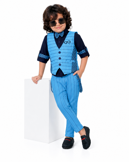 Striped Spectacle: Shirt, Striped Waistcoat, Pant, Suspender, Bow - Party Magic!