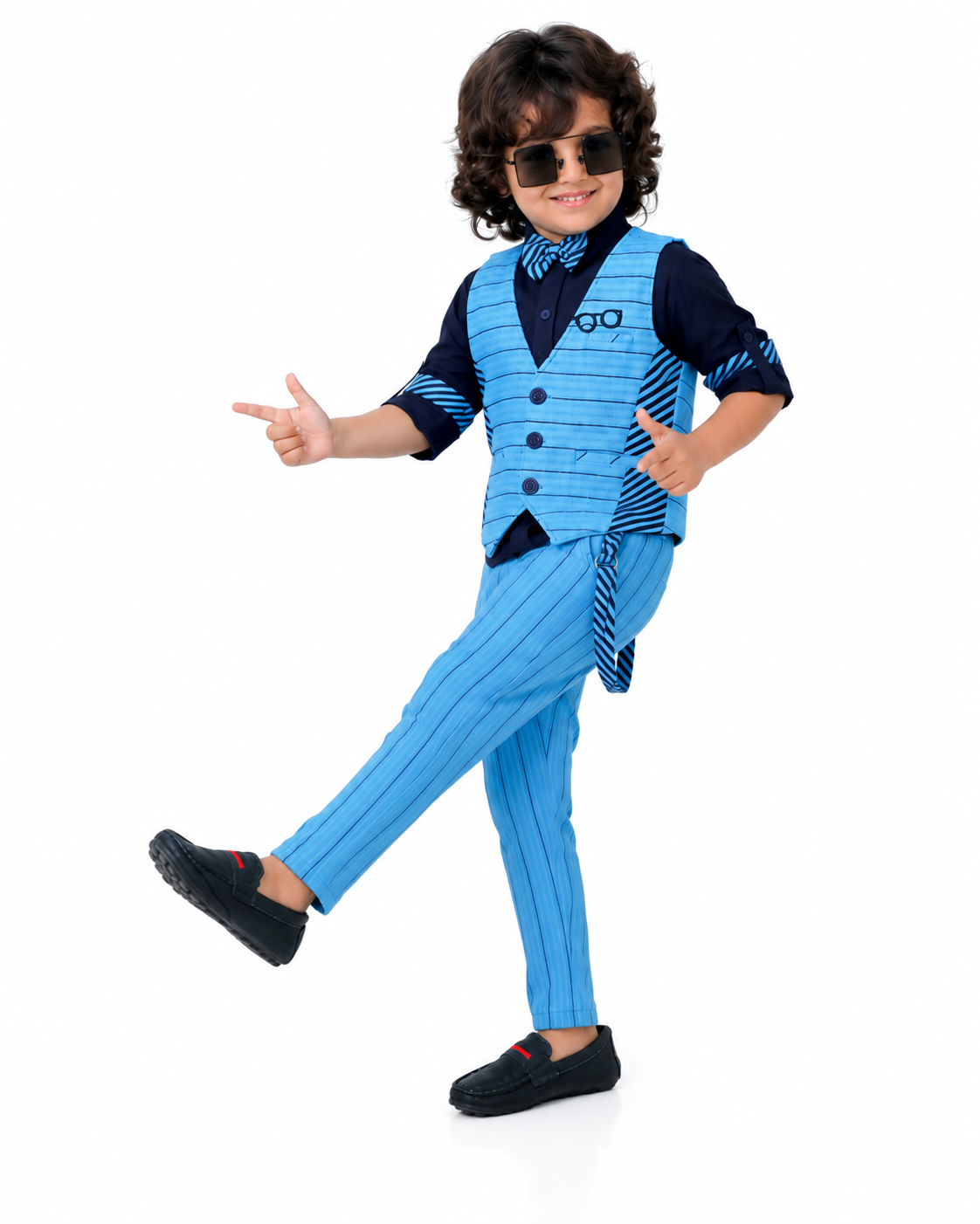 Striped Spectacle: Shirt, Striped Waistcoat, Pant, Suspender, Bow - Party Magic!