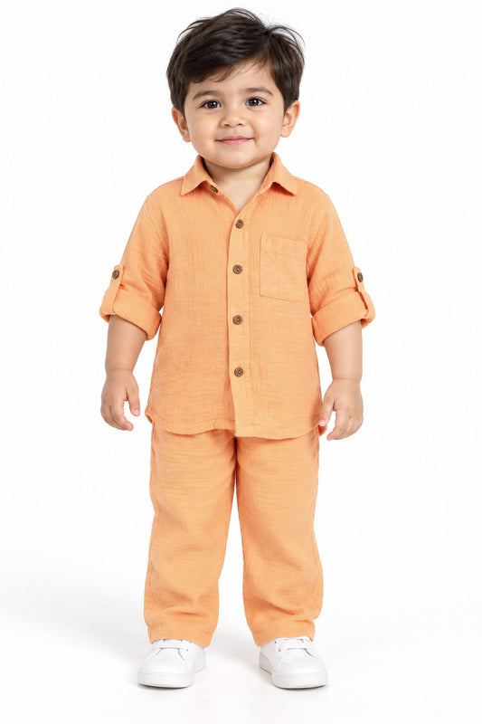 Cotton Muslin Shirt & Pants Co-Ord Set for Boys - Orange
