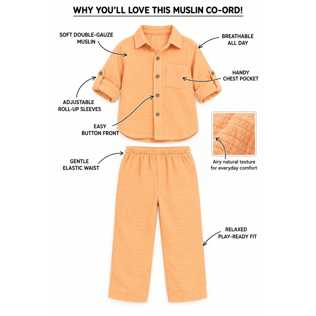 Cotton Muslin Shirt & Pants Co-Ord Set for Boys - Orange
