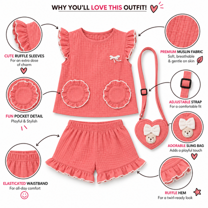 Cotton Muslin Ruffle Co-Ord Set with Sling Bag - Pink