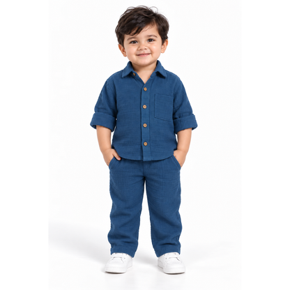 Cotton Muslin Shirt & Pants Co-Ord Set for Boys - Blue