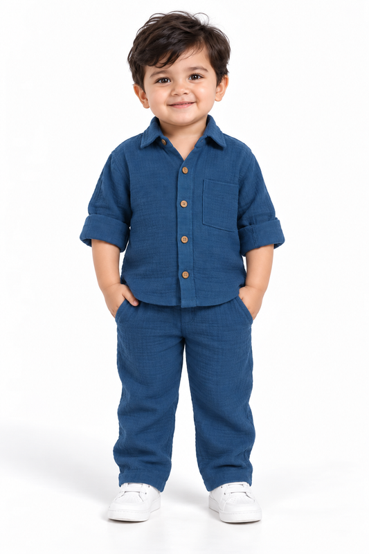 Cotton Muslin Shirt & Pants Co-Ord Set for Boys - Blue