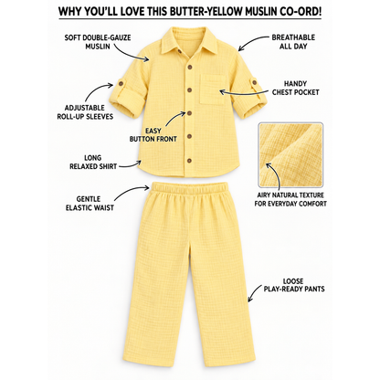 Cotton Muslin Shirt & Pants Co-Ord Set for Boys - Yellow