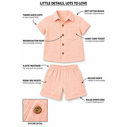 Cotton Muslin Shorts Co-Ord Set for Boys - Peach
