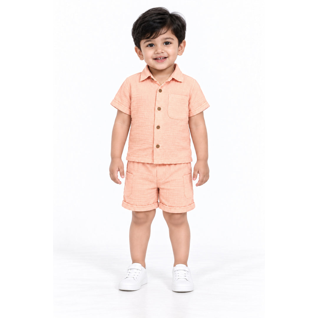 Cotton Muslin Shorts Co-Ord Set for Boys - Peach
