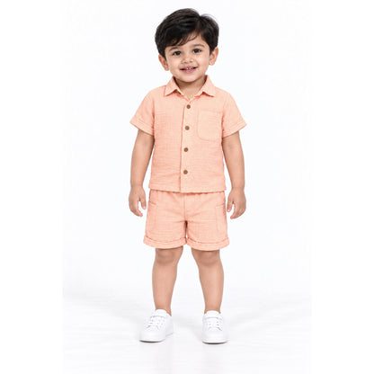 Cotton Muslin Shorts Co-Ord Set for Boys - Peach