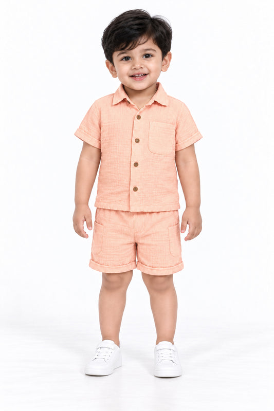 Cotton Muslin Shorts Co-Ord Set for Boys - Peach