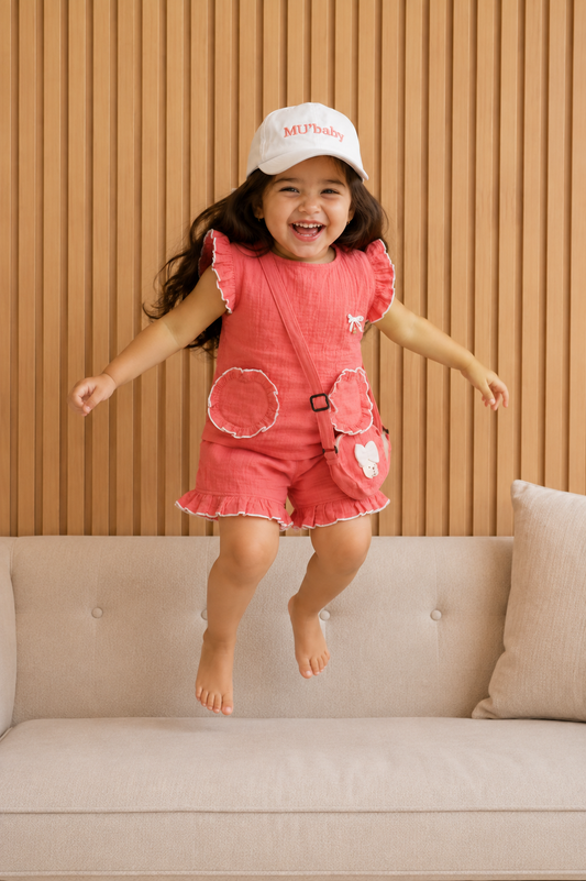 Cotton Muslin Ruffle Co-Ord Set with Sling Bag - Pink