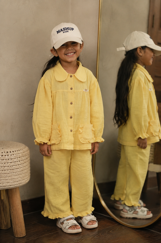 Ruffle Pocket Muslin Co-Ord Set-YELLOW