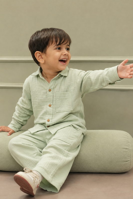 Cotton Muslin Shirt & Pants Co-Ord Set for Boys - Green