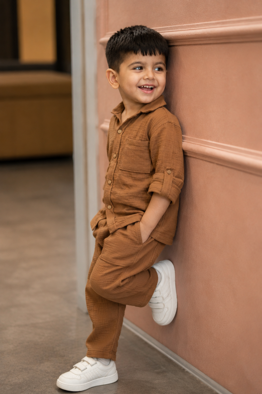 Shirt & Pants Co-Ord Set-BROWN