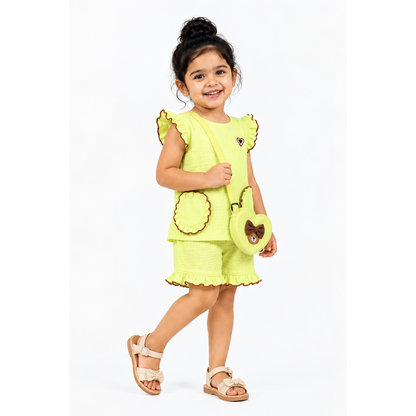 Cotton Muslin Ruffle Co-Ord Set with Sling Bag - Green