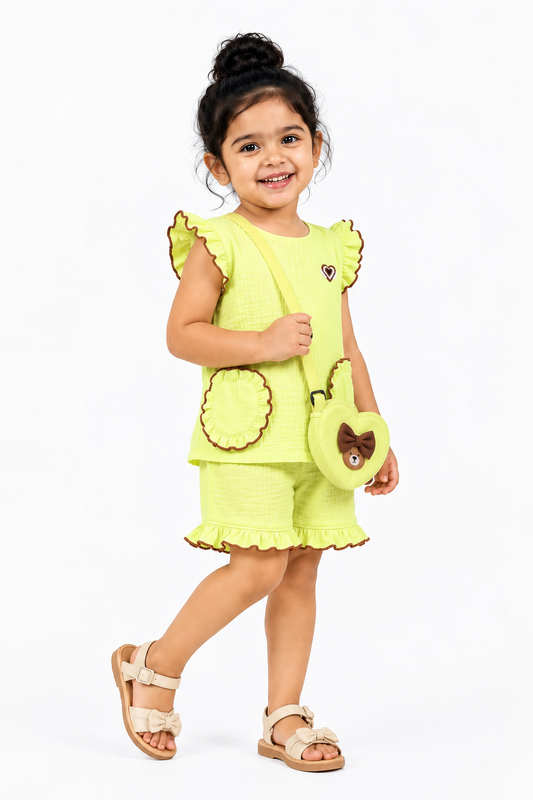 Cotton Muslin Ruffle Co-Ord Set with Sling Bag - Green