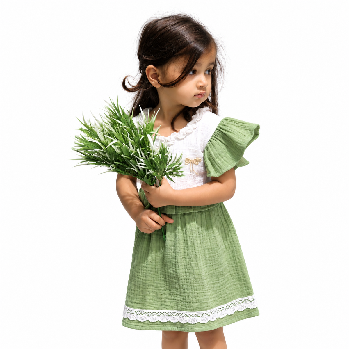Little Twirl Cotton Muslin Dress-GREEN